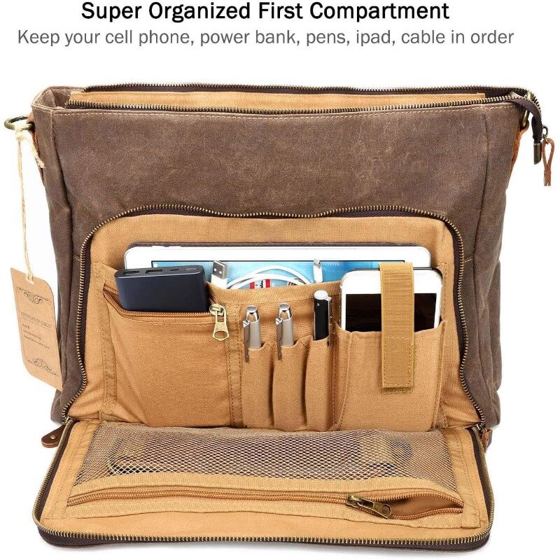 กระเป๋าสำหรับผู้ชาย15.6นิ้วกระเป๋าหนังแคนวาสธุรกิจคอมพิวเตอร์กระเป๋าทำงาน (สีน้ำตาล)