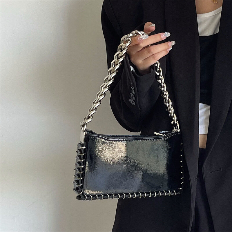 Bolso de hombro con cadena de lentejuelas para mujer, bolsos cruzados casuales, bolsos con solapa cuadrada para teléfono, monederos elegantes, negro brillante, moda