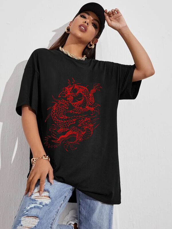 Camiseta Harajuku Y2K para mujer, Tops de calle Harajuku, dragón gótico, ropa de manga corta con estampado de mito, talla grande, Camiseta holgada de gran tamaño