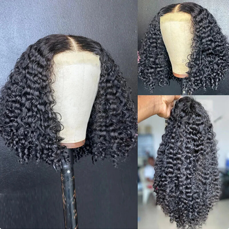 Pelucas de cabello humano brasileño de onda profunda para mujer, 4x4 postizo Frontal de encaje, transparente, rizado al agua, Bob corto, Remy, 13x4