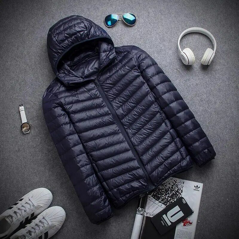 Autumn and winter men's down jacket fashionable hooded stand up collar short lightweight and youthful white duck down jacket