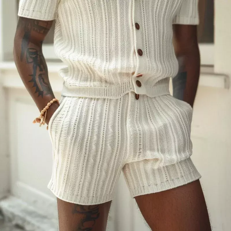 Men's Sets Summer New Casual Vertical Stripe Suit Slim Lapel Short Sleeve Button Shirt Shorts Mens Wool Summer Clothes Wholesale