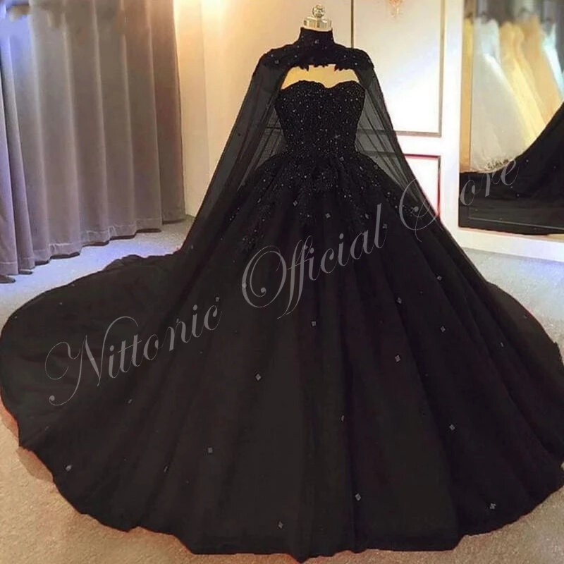 Abito Quinceanera nero Appliques perline collo alto lunghezza pavimento elegante abito da ballo portatos De 15 asenos Prom Party Vestidos 2023