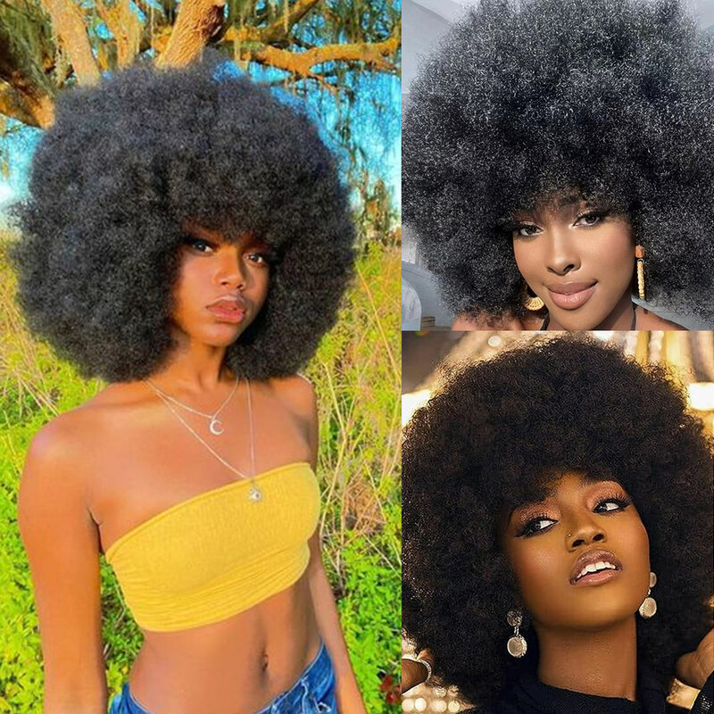 Fluffy Afro Kinky Curly Human Hair Wig With Thick Bang Natural Short Bob Wigs For Black Women 250% Density Full Machine Hair