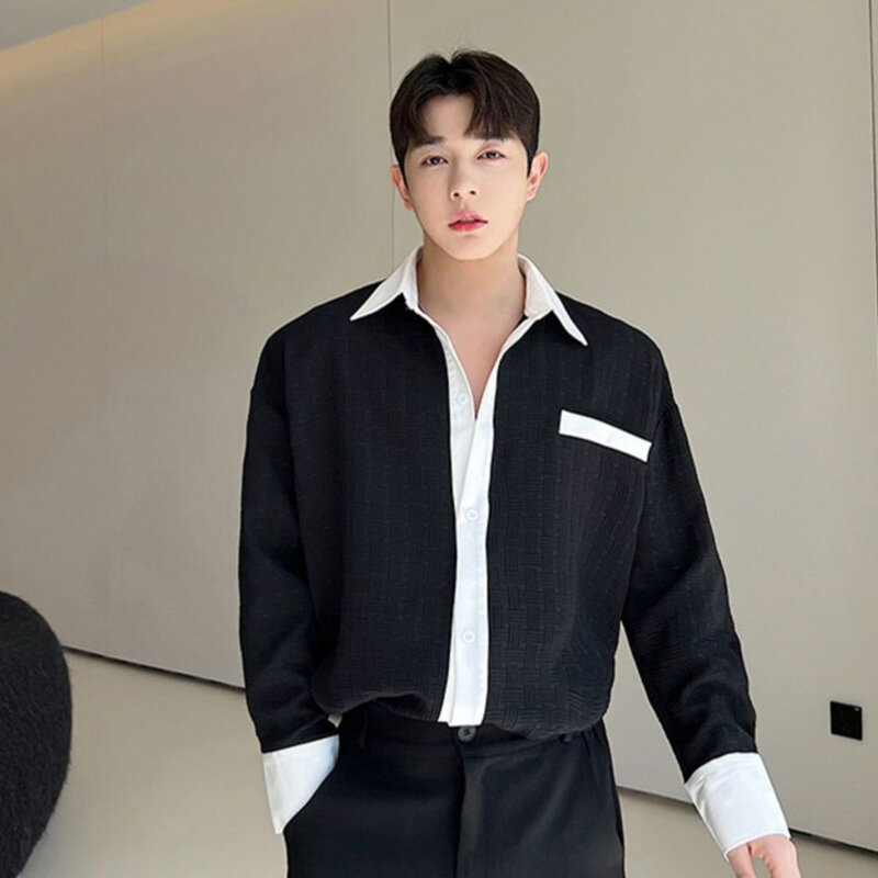 Skręcić w dół kołnierz wiosna lato cienkie proste luźne przystojny solidne męskie Hipster modne koszule Casual odzież męska koreański