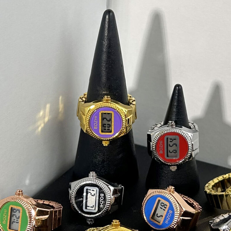 Nieuwe Creatieve Mini Vinger Horloge Elastische Band Legering Paar Ring Horloges Retro Elektronisch Paar Horloge Ring Voor Dames Heren