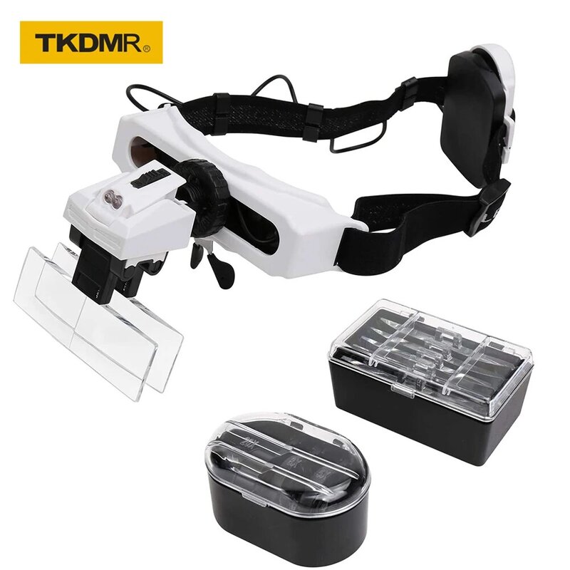 TKDMR 헤드밴드 안경 돋보기, LED 조명, 독서용 렌즈 8 개 교환 가능, 보석 조명, 용접 수리 작업