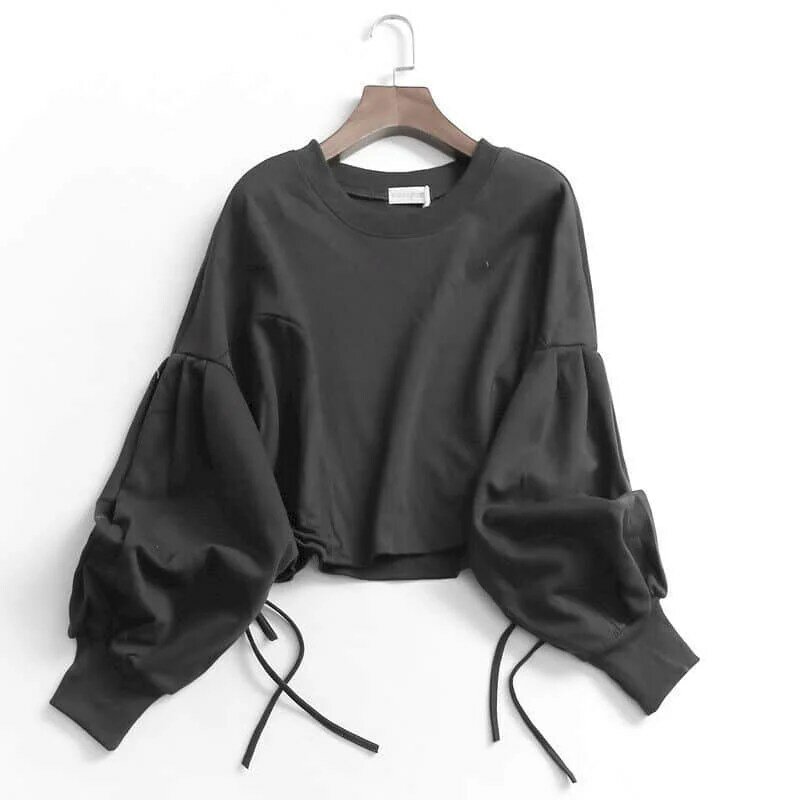 Solid Color Short Pullovers Women Fashion Drawstring Pleated O-Neck Tops Loose Raglan Sleeves All-match Sweatshirt Woman Autumn