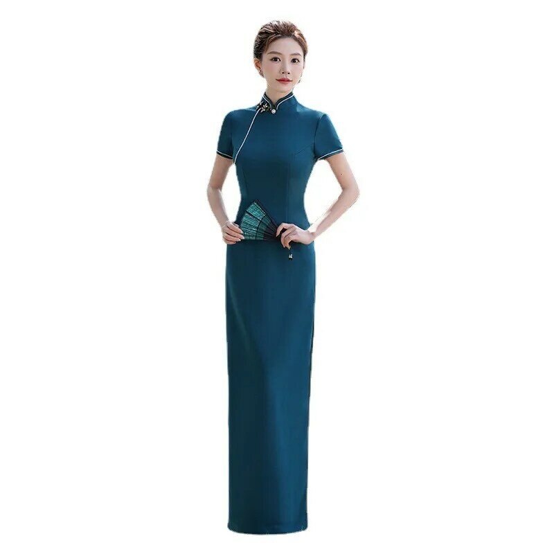 Manica corta lungo Qipao Vintage tradizionale abito da sera da sera nuovo cinese Cheongsam Vestidos 2024 nuovo spettacolo modale Qipao