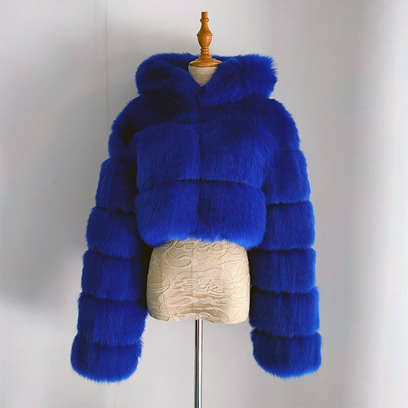 Abrigos y chaquetas de piel sintética recortadas peludas azules para mujer, Top esponjoso con capucha y cremallera, chaqueta recortada de piel sintética con capucha, Invierno