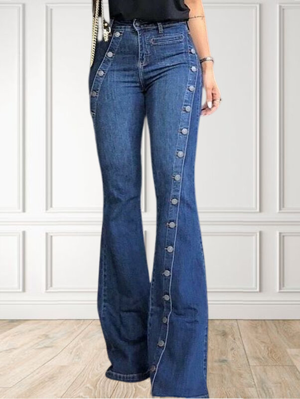 Celana Jeans panjang wanita, celana Denim kancing polos dekorasi kaki melebar, pinggang tinggi, bawahan kurus, Jeans kaki lebar
