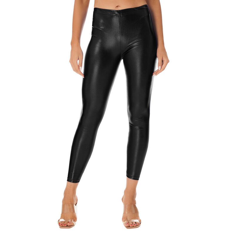 Womens metálico do falso leggings de couro calças brilhantes meados cintura elástica cintura calças magras para o desempenho da dança do pólo da discoteca