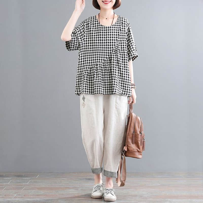 Literature Pants Sets Vintage Loose Half Sleeve Plaid Shirts and Casual Harem Pants Korean Style Two Piece Sets Women Outfits