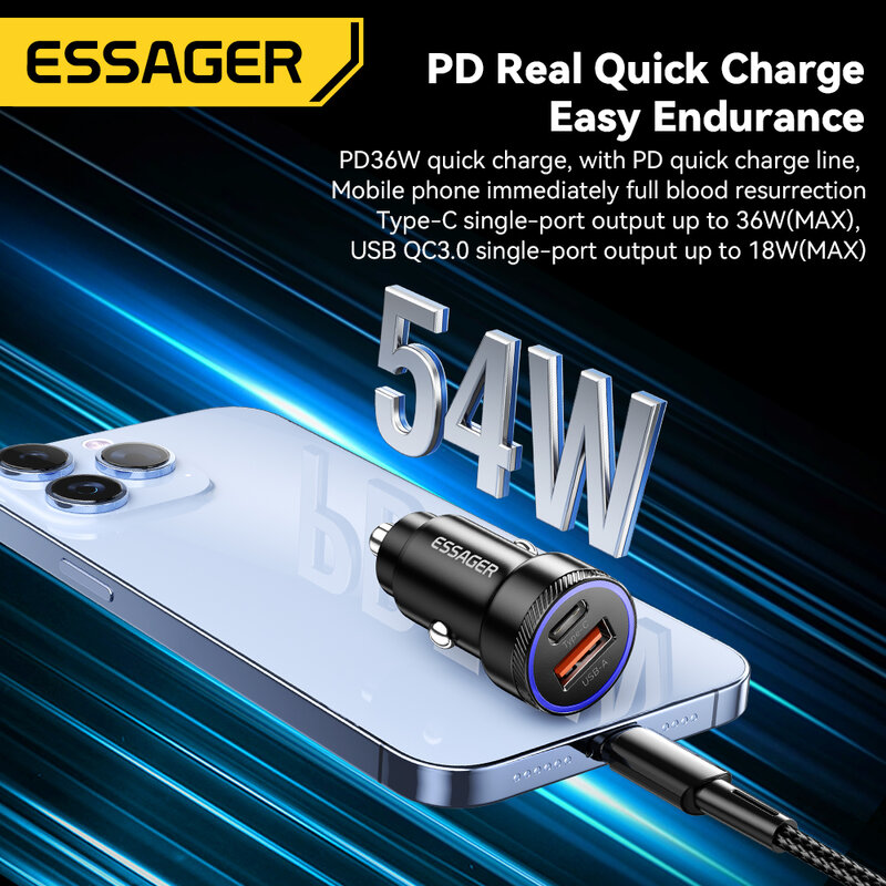 Essager pengisi daya mobil USB 54W 5A pengisi daya Cepat QC 3.0 PD 3.0 SCP fusi USB Tipe C pengisi daya telepon mobil untuk iPhone Huawei Samsung Xiaomi