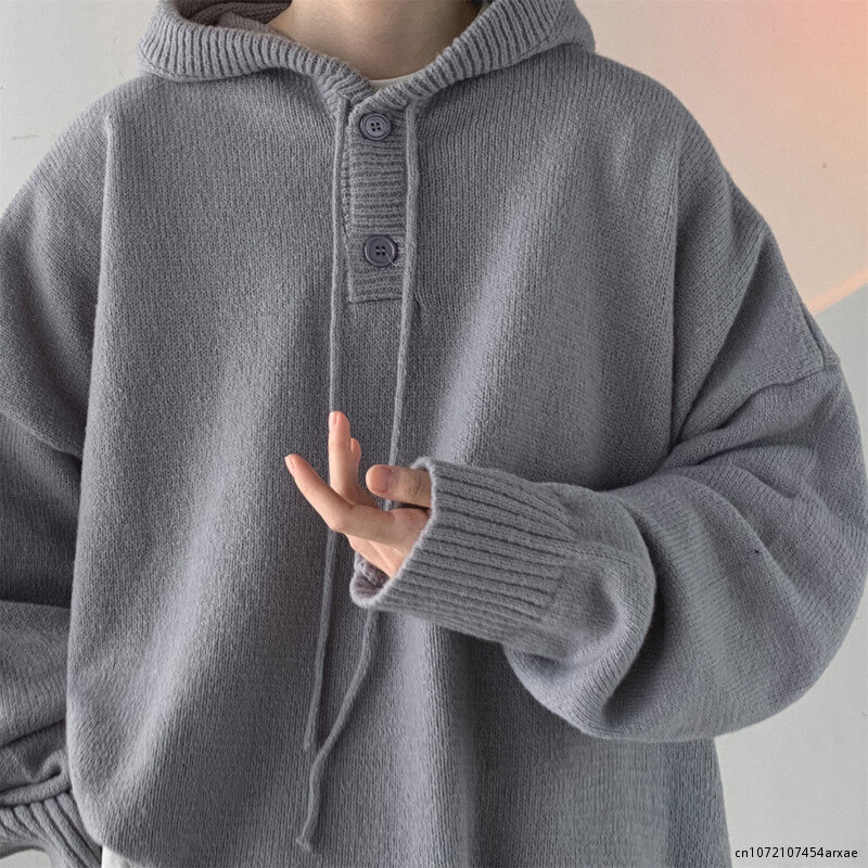 Suéter con capucha para hombre, Jersey de punto informal, cálido, de manga larga, suelto, negro, estilo coreano, ropa de invierno