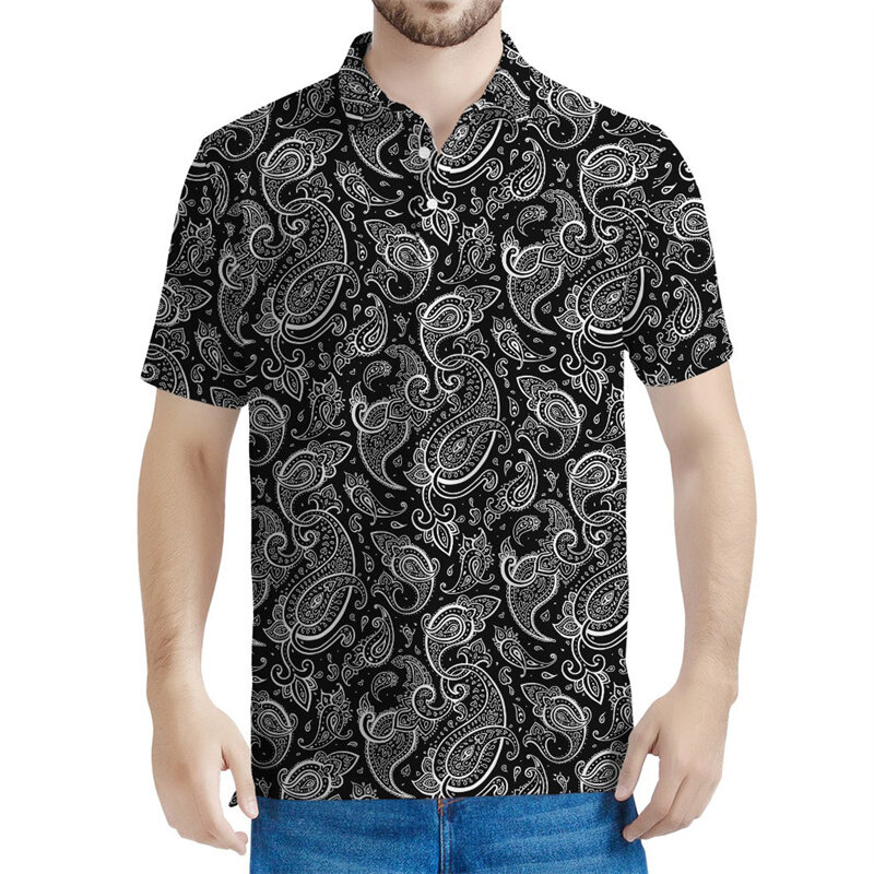 Nero bianco Paisley 3D stampato Polo uomo bohémien motivo floreale maniche corte estate risvolto t-Shirt Casual bottone t-Shirt