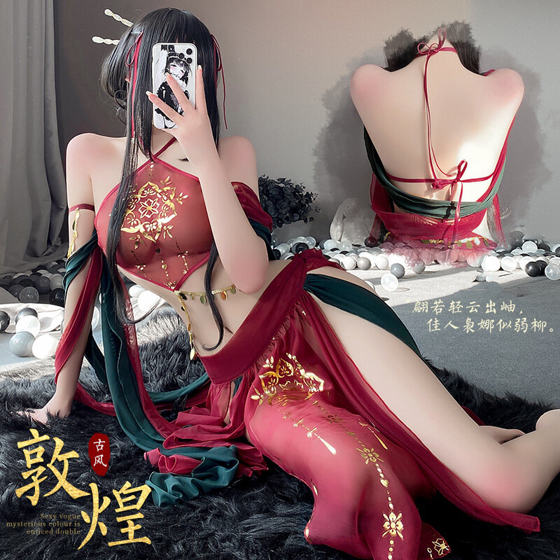Hanfu-disfraces de escenario de alta división para mujer, traje de vestido de noche Cosplay clásico de Anime, vestido largo Floral de encaje Halter