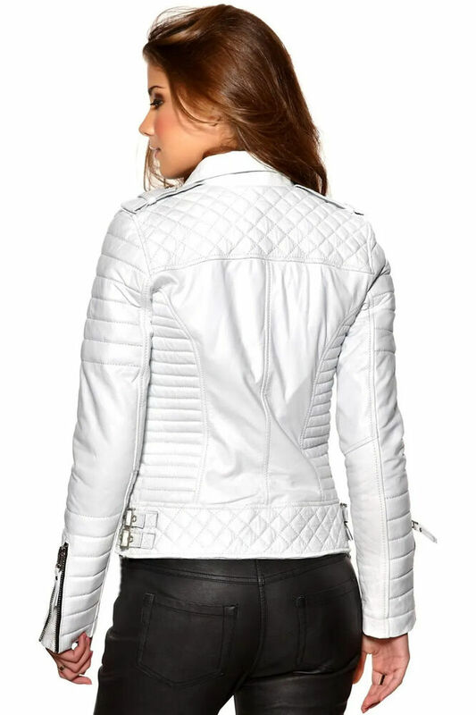 Women Quilted Leather Jacket White Soft Leather Biker Jacket For Girls