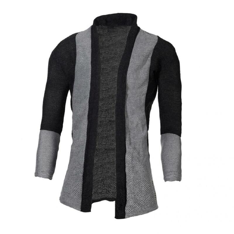 Chic Mid-length Warm Slim Cardigan Skin-friendly Men Cardigan Patchwork Stand Collar Sweater Coat Outerwear
