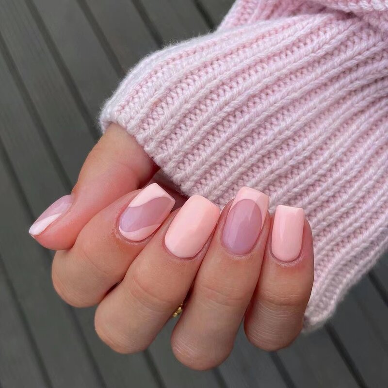 24 шт. короткие искусственные ногти блеск на ногтях розовый дизайн французские искусственные ногти с клеевым стержнем на ногтях полные искусственные ногти