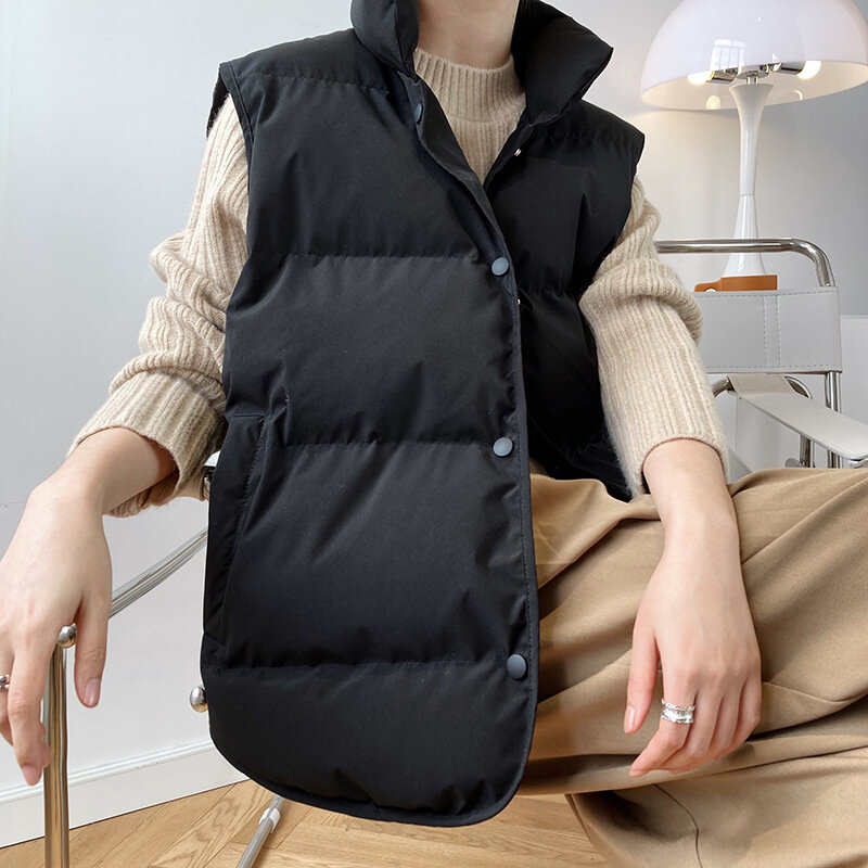 Chaleco de cuello alto para mujer, abrigo holgado sin mangas de gran tamaño, color negro, estilo coreano, moda de invierno
