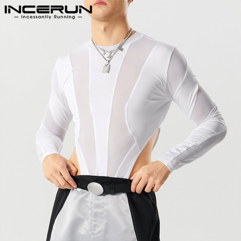 Incerun-السروال القصير الرجالي المثير شفاف, فتحة شبكية لوحة حللا, ملابس داخلية مريحة طويلة الأكمام, موضة غير رسمية, S-5XL, 2023