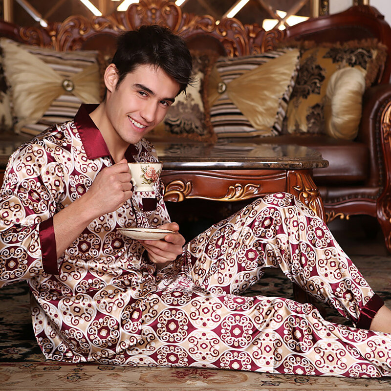 Luxo masculino seda como pijamas para homem verão ultra-fino pijama terno sólido xadrez costura pijamas solto pijamas pijama homme