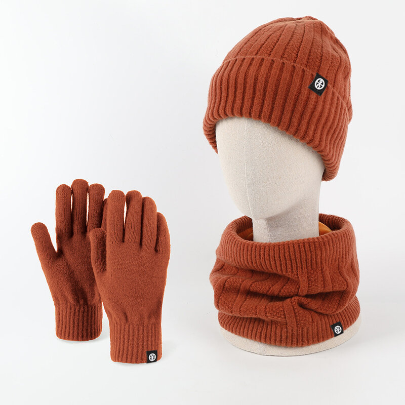 Conjunto de chapéu de lã tricotado para mulheres, cachecol e luvas de veludo espesso, boné quente ao ar livre, à prova de vento, outono e inverno, 3 peças