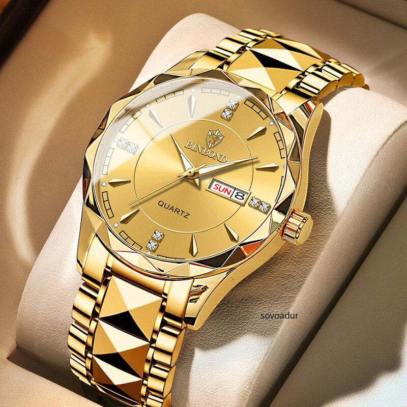 Relógio masculino de aço inoxidável de ouro, Relógios masculinos de negócios, Relógio impermeável, Quartzo de luxo, Moda, Data, Dia, 2023