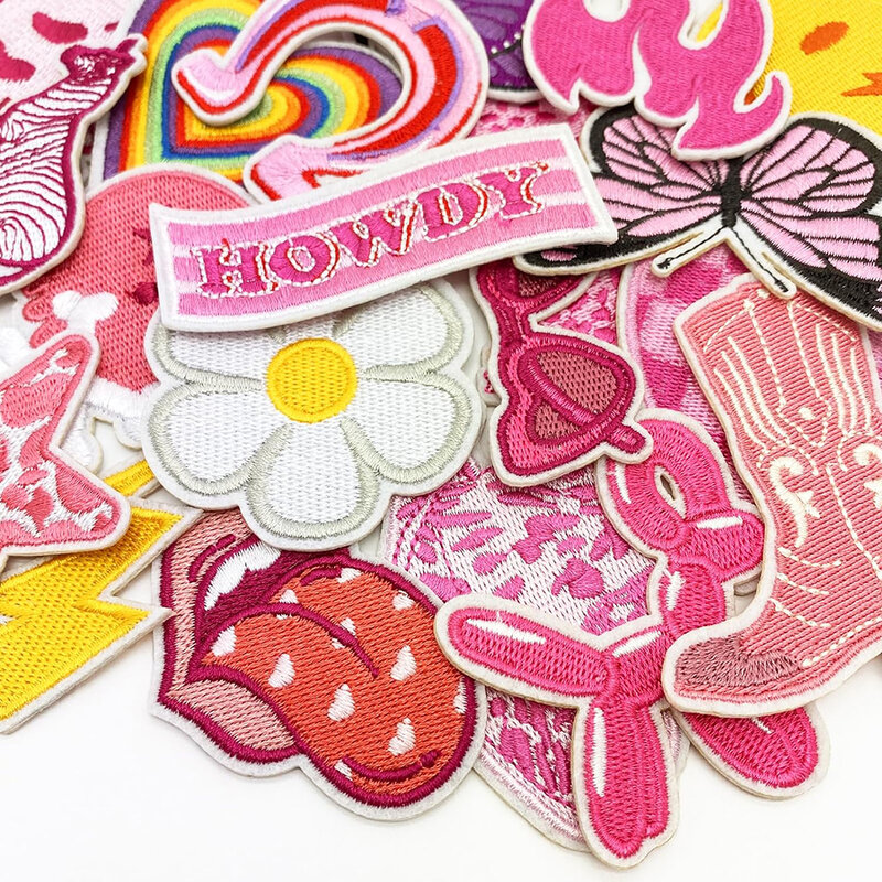 16PCS Pink Iron on Patches Embroidered Sew on Patch Applique Embellishments for Hats Clothing Jackets Backpacks DIY Decorations