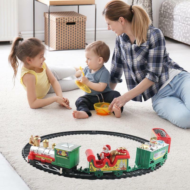 Set mainan kereta Natal elektrik, dengan cahaya, Set jalur kereta api Diy, mainan pendidikan untuk pesta anak-anak, hadiah Natal