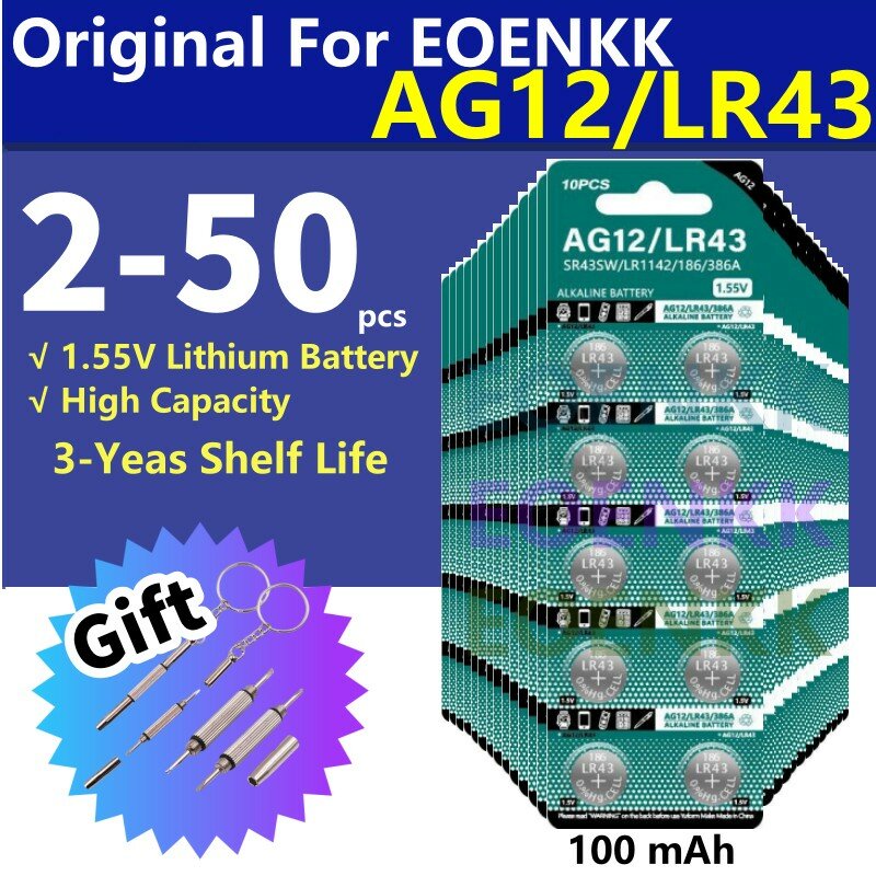 Батарейки AG12 LR43 AG кнопочные, 2-50 шт., 1,55 в, SR43, 186, 386, LR1142, V12GA, SR43W, SR1142