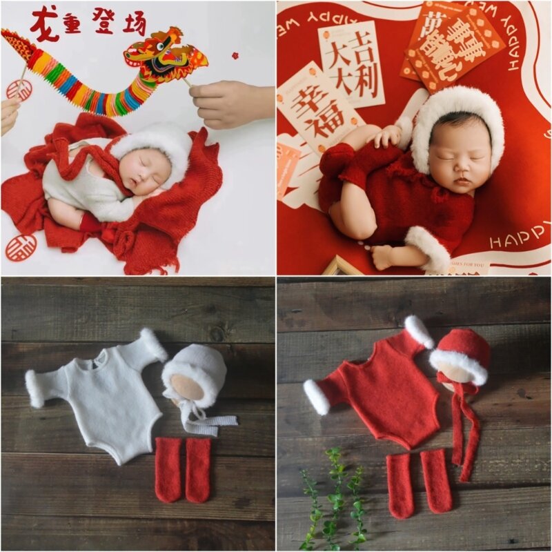 0-1 miesięcy rekwizyty fotograficzne dla noworodka Kombinezon dla niemowląt z krótkim rękawem + czapka + skarpetki + kocyk uroczy strój zdjęcie dziecka