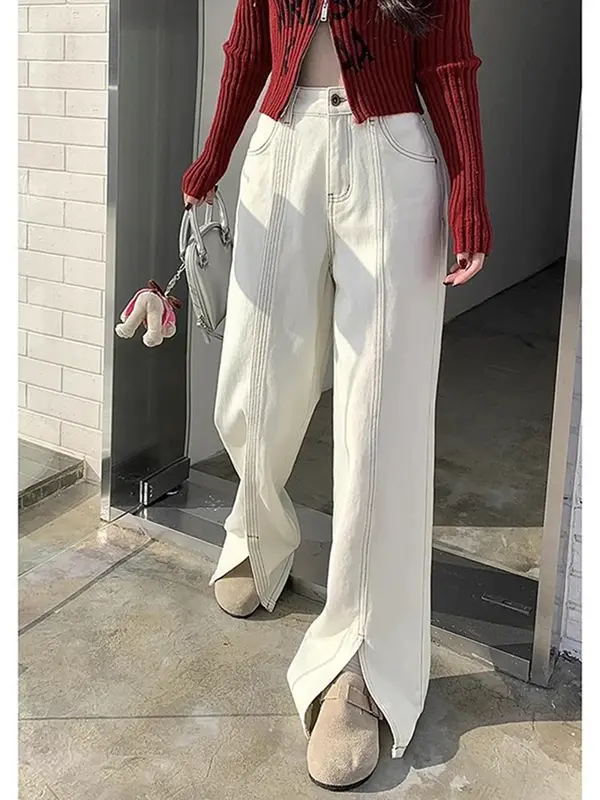 High Waist Solid Color Loose Casual woman Jeans New Fashion Split women Jeans Off White Street Simple Basic Straight leg Pants