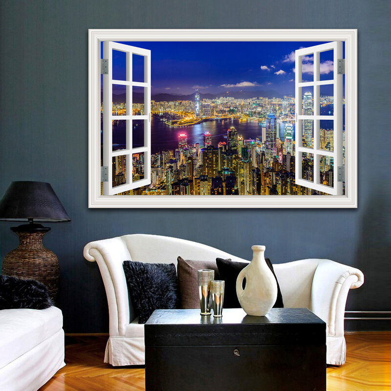City Building Night Landscape Window Print Art Canvas Poster For Living Room Decoration Home Wall Picture