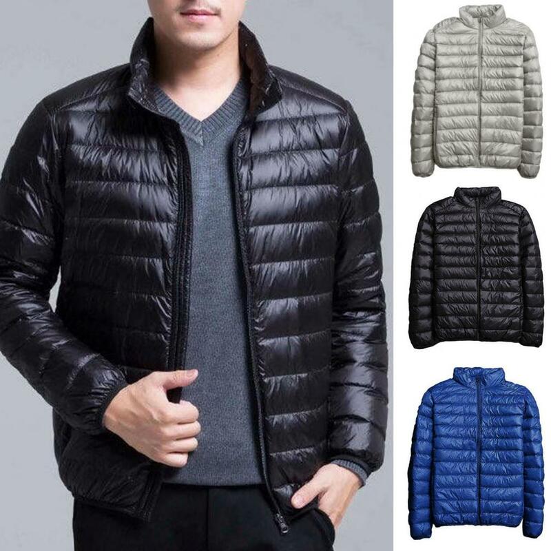 Jaqueta leve acolchoada masculina, casaco monocromático, gola alta, com zíper, design acolchoado, outwear para outono e inverno