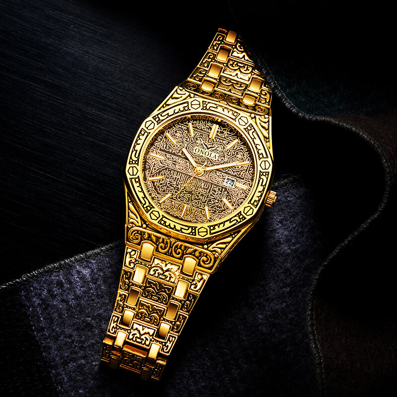 นาฬิกาข้อมือควอทซ์สแตนเลสสตีลสีทองสำหรับผู้ชายนาฬิกาข้อมือแกะสลักรูปปั้น gratis ongkir ผู้ชาย
