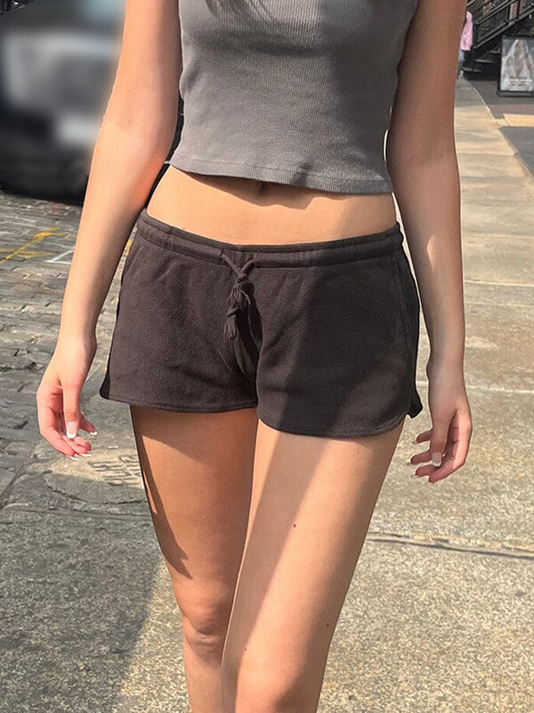 Women Y2K Sweat Shorts Low Waist Wide Leg Drawstring Mini Shorts Summer Cute Waffle Lounge Shorts Going Out Shorts