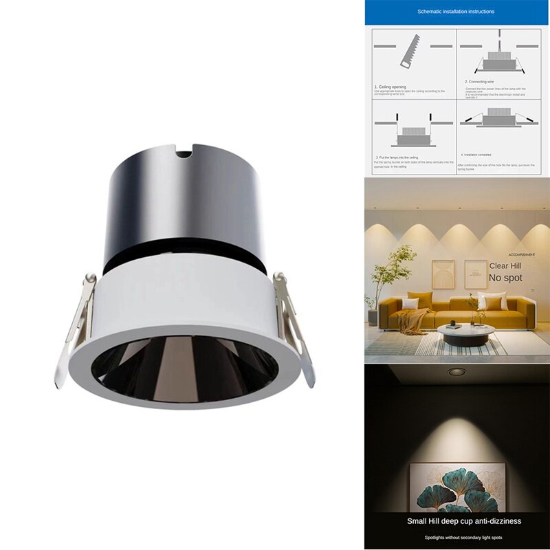 Antyodblaskowy reflektory LED ściemnialny oprawa wpuszczana 7W aluminiowy oświetlenie sypialni biurowy do jadalni