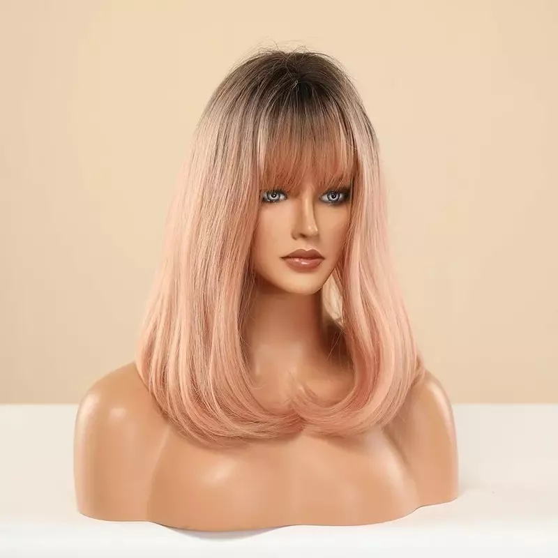 Wig rambut pesta wanita, mode panjang gelap akar Ombre merah muda poni Cosplay alami
