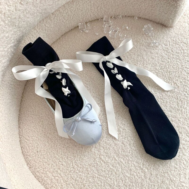 Thin Cute Spring And Summer Niche Design Balletcore Lolita Princess Ties Stacked Socks Ribbon Mid-tube Socks Women Bow Socks