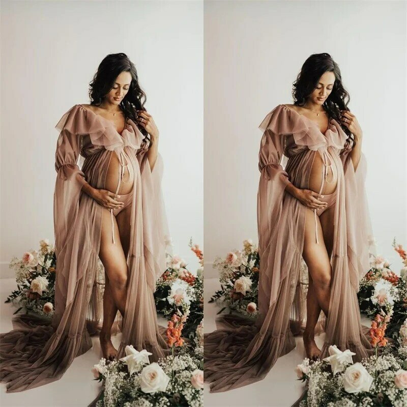 Gaun ibu hamil wanita sampanye untuk pemotretan kain Tule lembut seksi Split Baby Shower peri gaun Prom malam kehamilan disesuaikan
