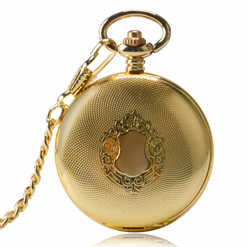 Relógio de bolso mecânico automático para homens e mulheres, bronze, amarelo, estojo escudo dourado, antigo número romano, relógio com corrente pendente