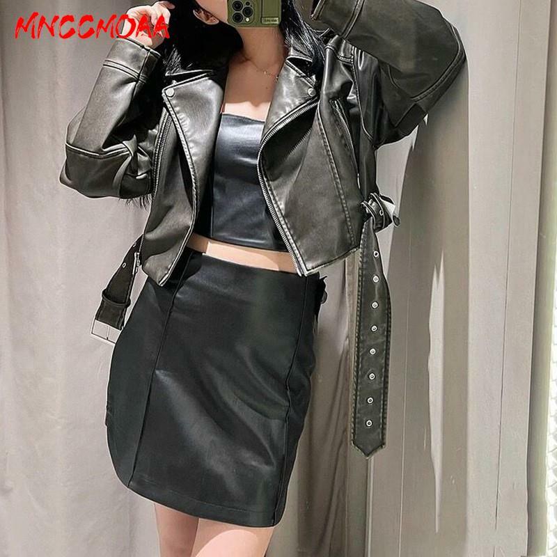 MNCCMOAA Women 2024 New High Quality Fashion Vintage With Belt Soft Faux Leather Jackets Coat Casual Short Biker Outwear Female