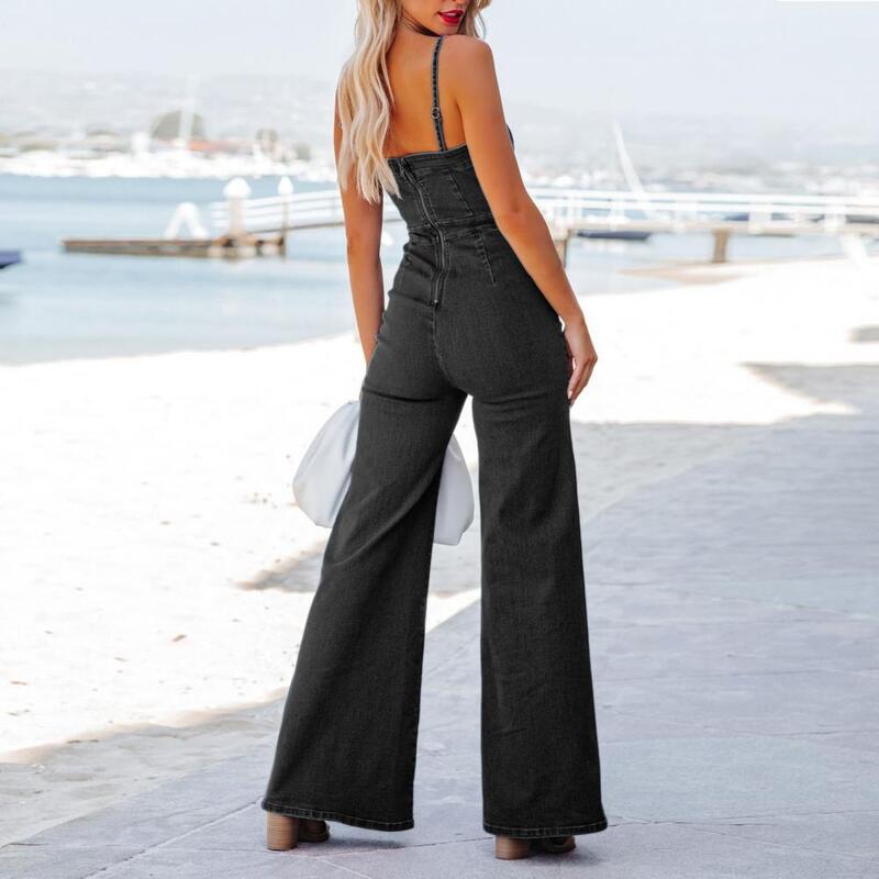 Женский джинсовый комбинезон с V-образным вырезом, без рукавов, с открытой спиной и широкими штанинами, с высокой талией, на бретелях-спагетти, с застежкой-молнией сзади, в стиле пэчворк