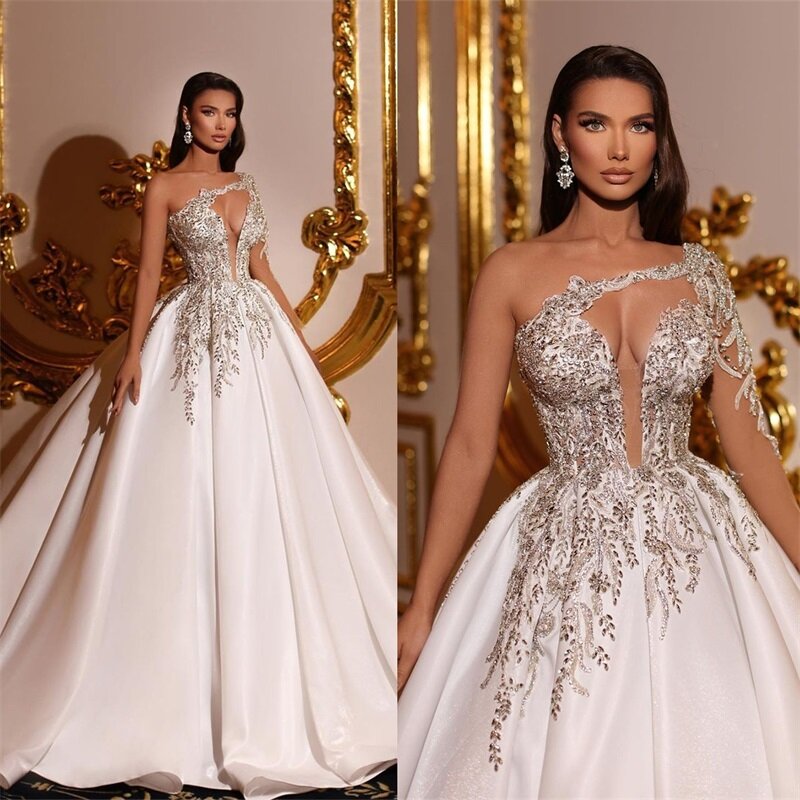 Luxo Dubai vestido de baile com lantejoulas e miçangas Glitter, vestido de noiva com um ombro, feito sob encomenda, laço traseiro, vestido de casamento