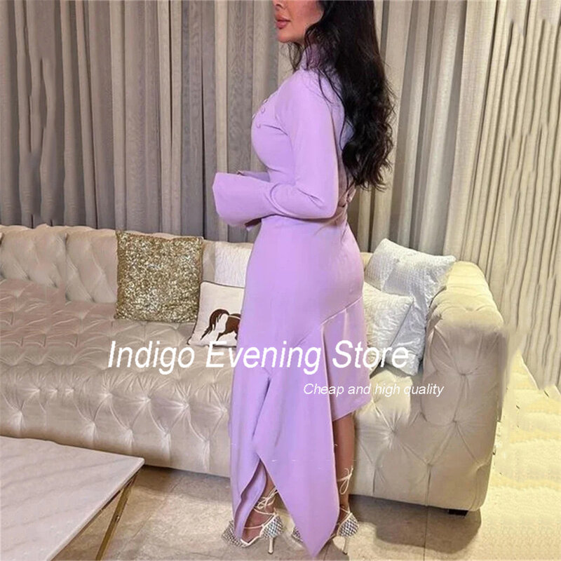 Indaco Prom Dress Mermaid 2024 manica lunga o-collo piega Satin Tea-Length Button semplice ed elegante abito da sera per le donne muslimyprobe