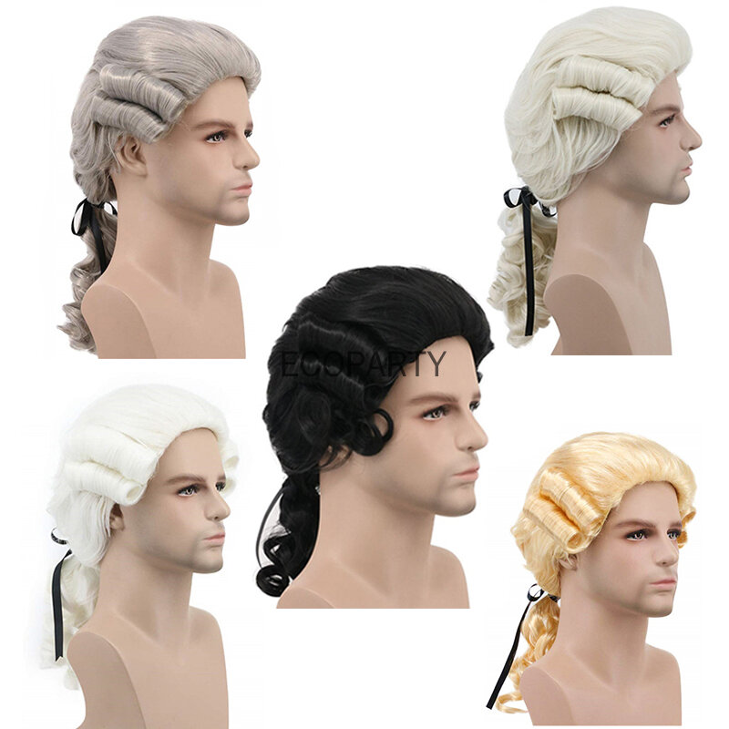 Lawyer Judge Baroque Cosplay Curly Wig Grey White Black Men Costume Wigs Deluxe Historical Long Synthetic Wig For Halloween 2022