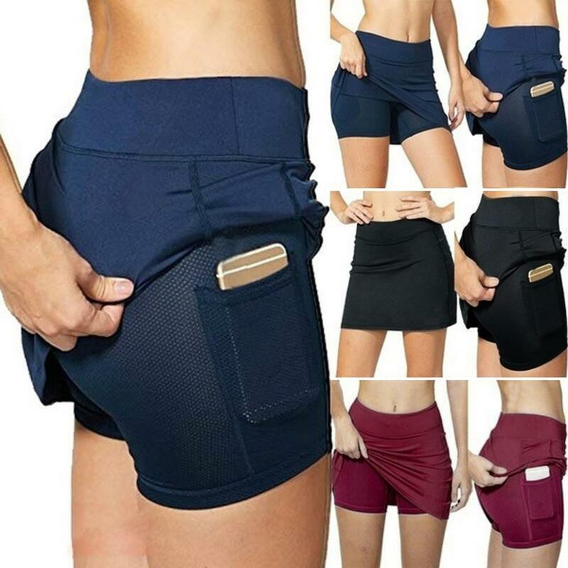 Shorts Skirt Pure Colors Running Skort Solid Color Above Knee  Trendy Double Layer High Waist Running Shorts