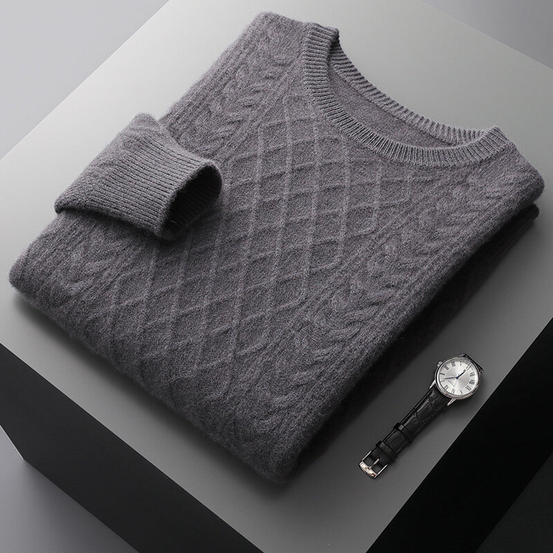 Мужской пуловер из 100% мериносовой шерсти, Молодежная утепленная жаккардовая рубашка с круглым вырезом, Свободный вязаный теплый топ на осень и зиму